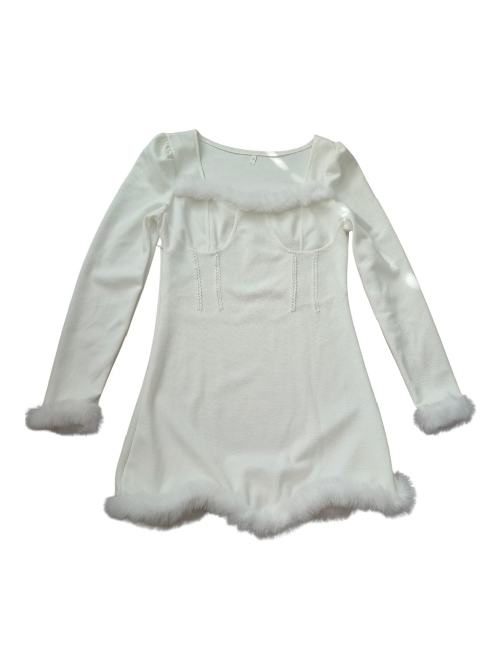 White Faux-Fur Trim Long Sleeve Mini Dress SIZE 2